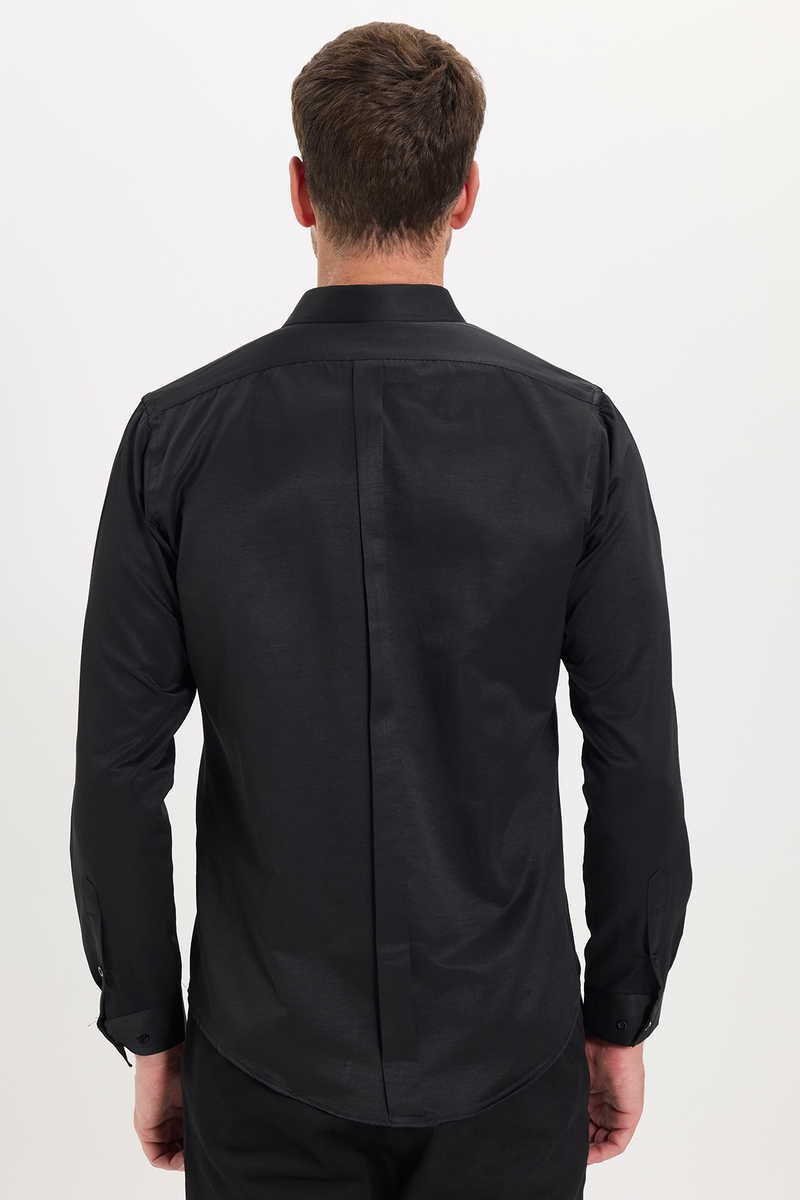 Fekete Fényes Anyagú Slim Fit Hosszú Ujjú Rejtett Gombos Férfi Ing – TUDORS