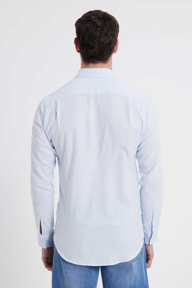 Halványkék Slim Fit Lenvászon Pamut Férfi Ing Legombolható gallérral Halványkék Slim Fit Lenvászon Pamut Férfi Ing Legombolható gallérral