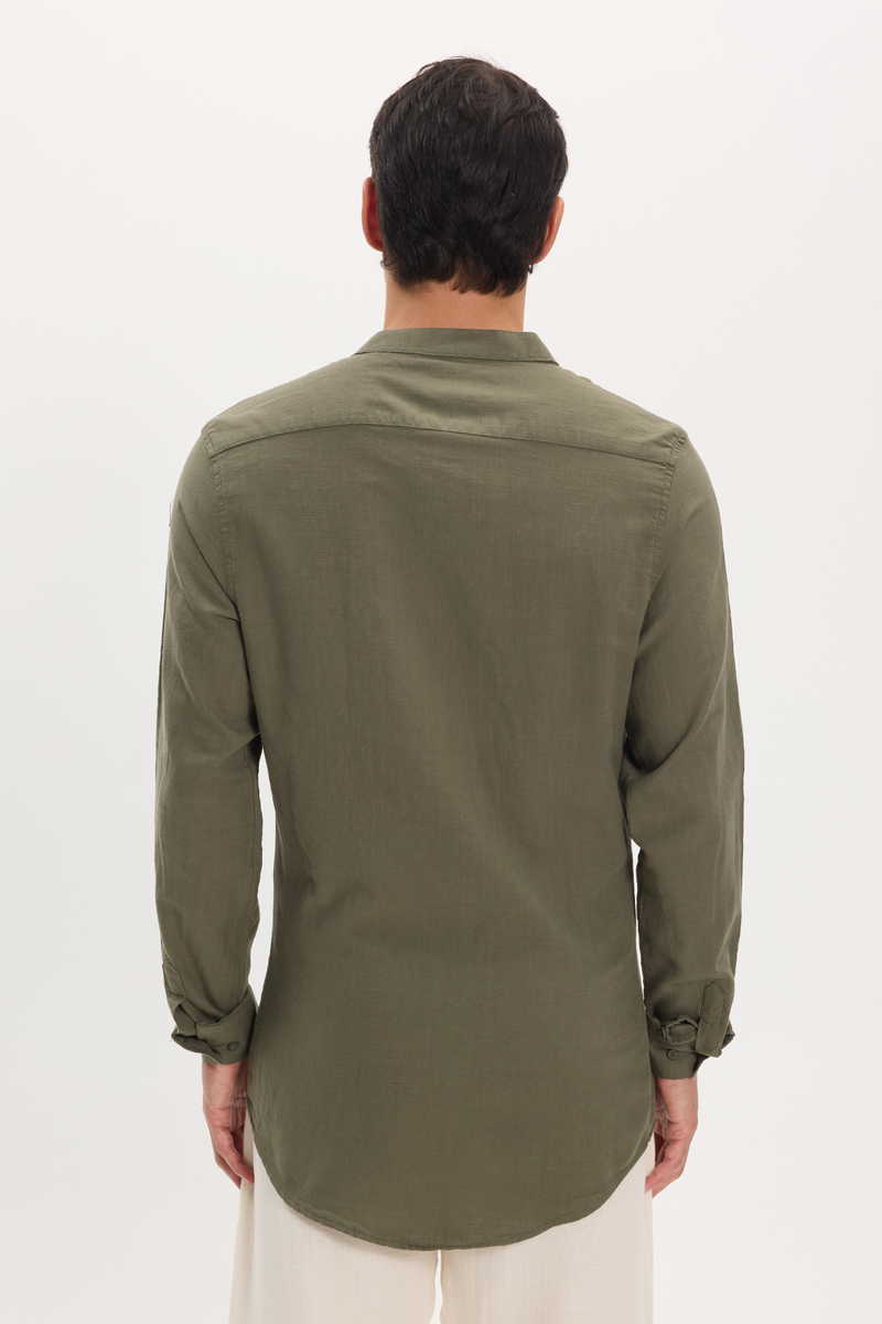 Khaki Lenvászon Álló Galléros Slim Fit Férfi Ing - 100% Pamut - TUDORS