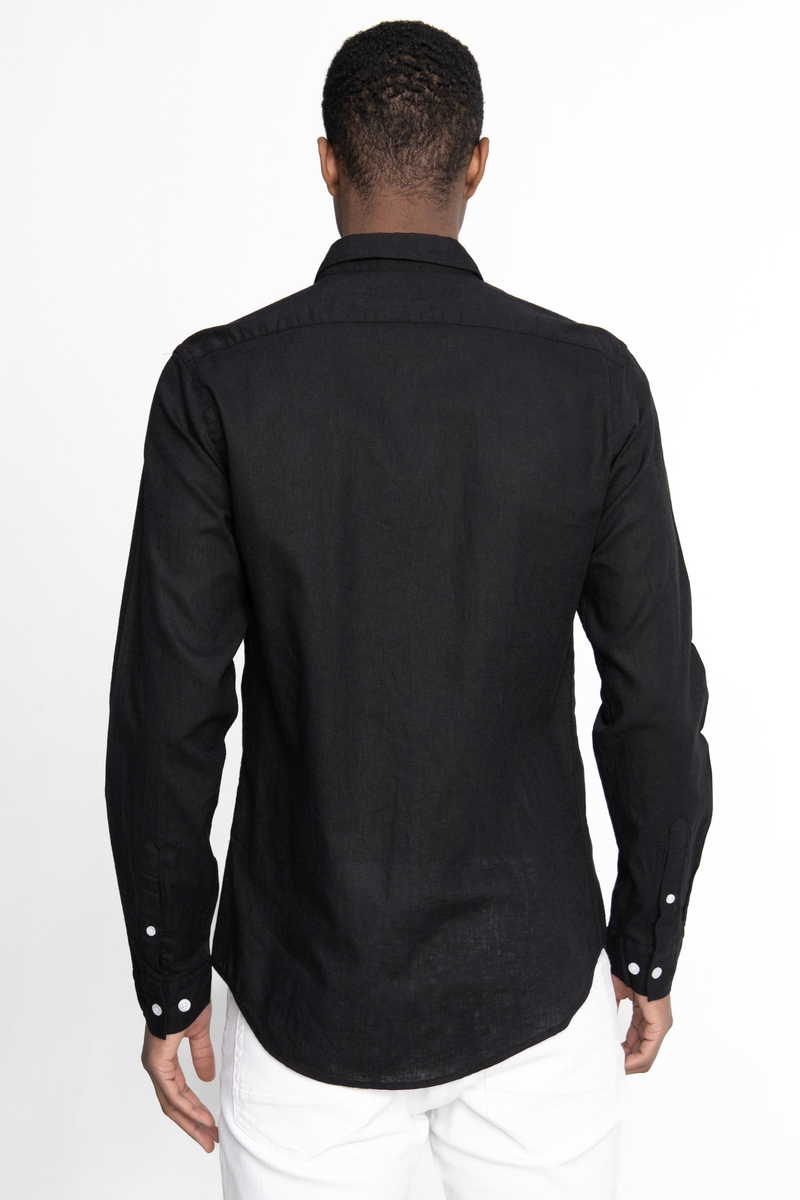 Fekete Slim Fit Len Keverék Férfi Ing Legombolható gallérral Fekete Slim Fit Len Keverék Férfi Ing Legombolható gallérral