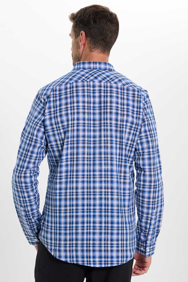 Királykék Kiskockás Lenvászon Slim Fit Ing Puha Gallérral - 100% Pamut | TUDORS Királykék Kiskockás Lenvászon Slim Fit Ing Puha Gallérral - 100% Pamut | TUDORS