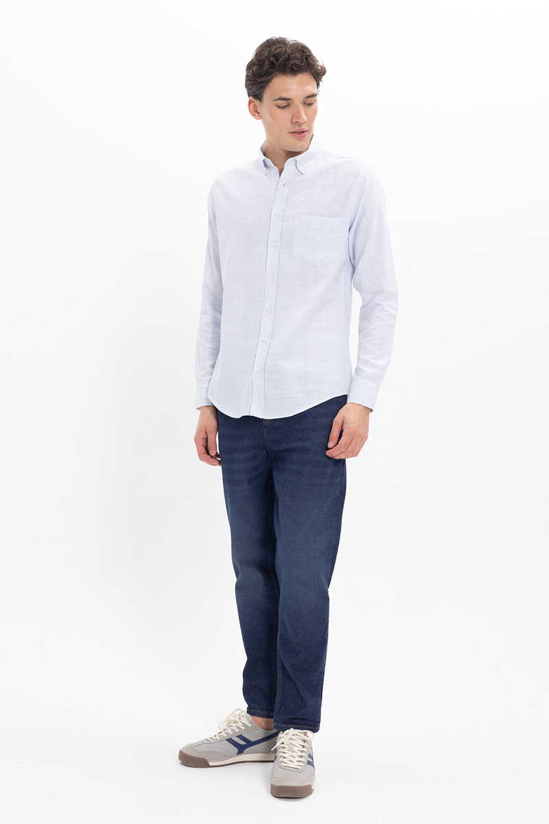 Világoskék-Fehér Csíkos Slim fit Lenvászon Pamut Férfi Ing Legombolható gallérral