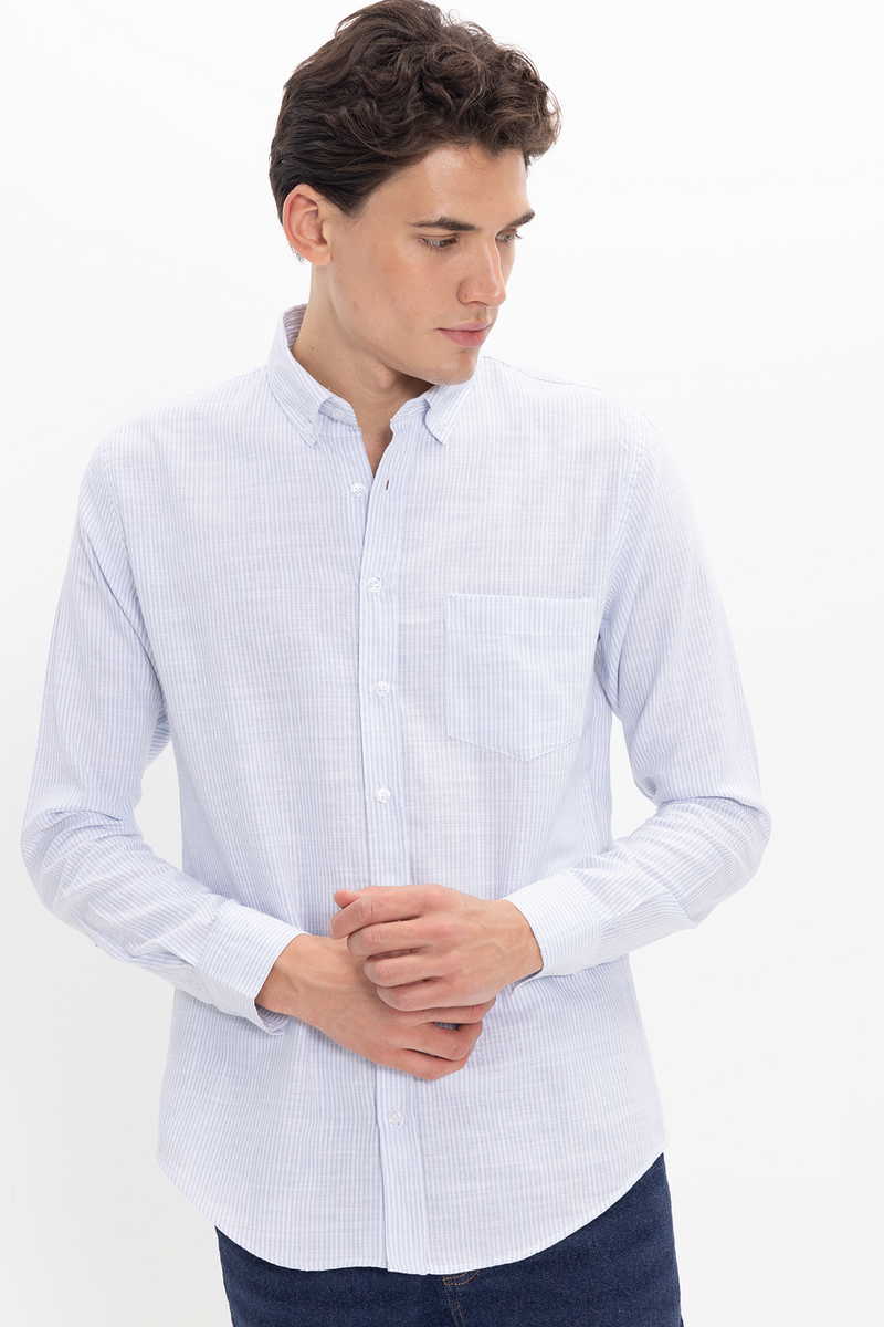 Világoskék-Fehér Csíkos Slim fit Lenvászon Pamut Férfi Ing Legombolható gallérral