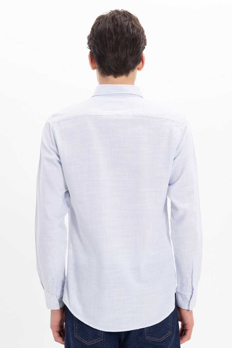 Világoskék-Fehér Csíkos Slim fit Lenvászon Pamut Férfi Ing Legombolható gallérral