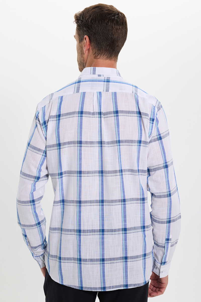 Fehér Nagy Kék Kockás Classic Fit - Comfort Fit Lenvászon Pamut Férfi Ing Fehér Nagy Kék Kockás Classic Fit - Comfort Fit Lenvászon Pamut Férfi Ing