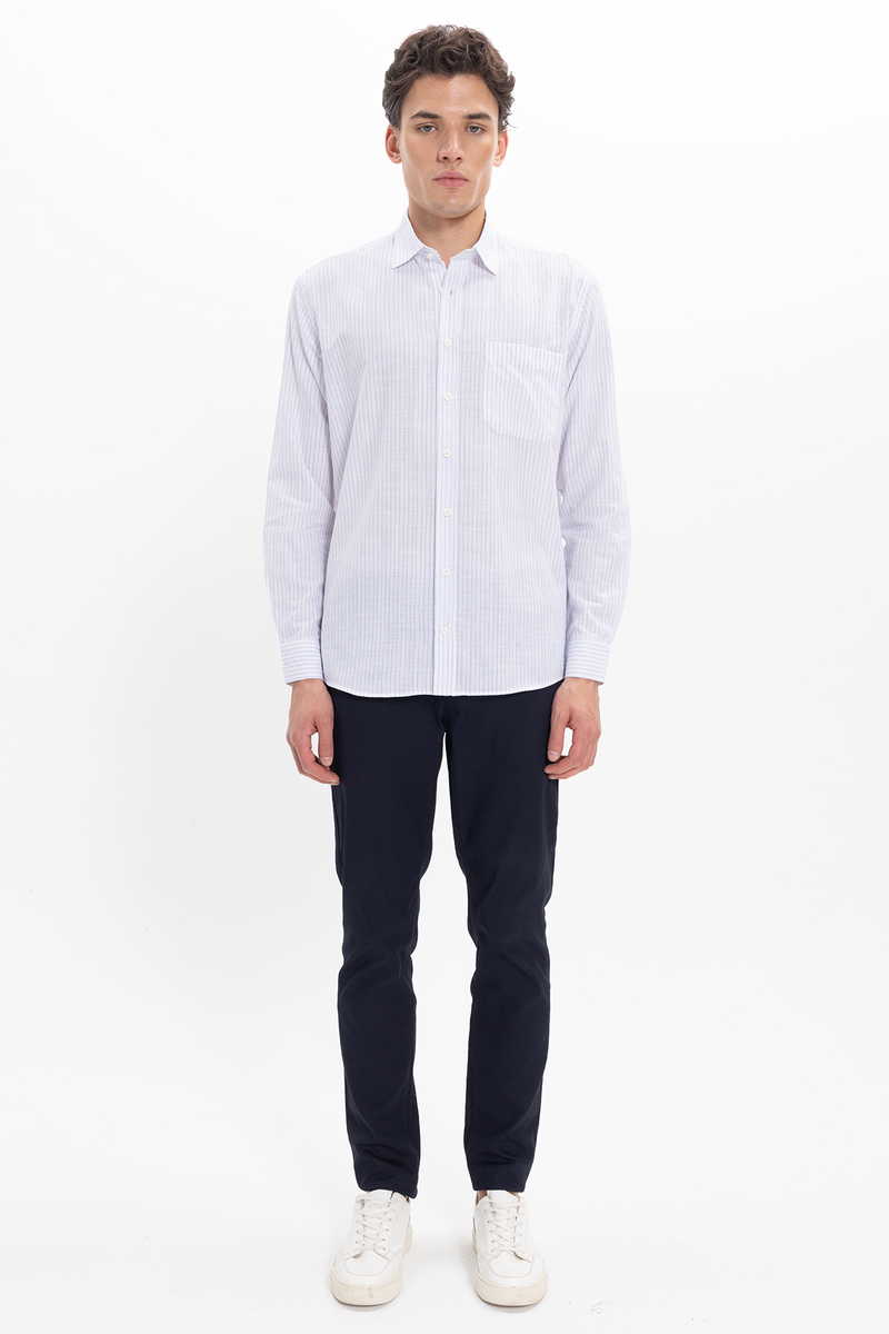 Fehér-Világoskék Csíkos Classic Fit - Comfort Fit Lenvászon Pamut Férfi Ing 