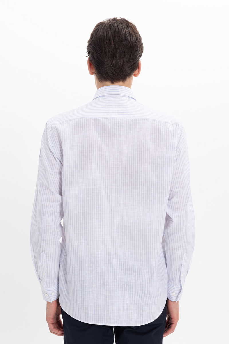 Fehér-Világoskék Csíkos Classic Fit - Comfort Fit Lenvászon Pamut Férfi Ing 