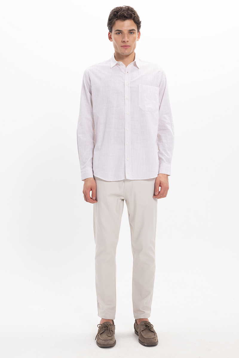Fehér-Bézs Csíkos Classic Fit - Comfort Fit Lenvászon Pamut Férfi Ing 