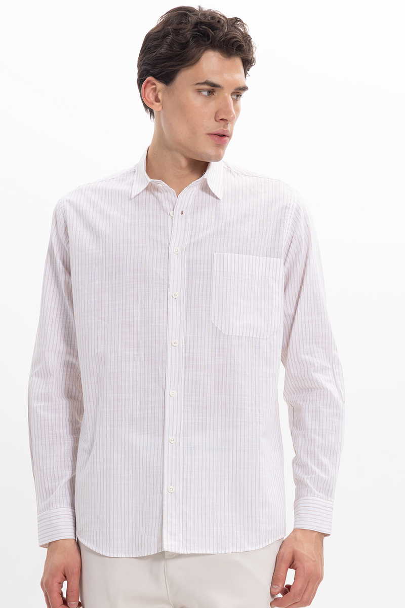 Fehér-Bézs Csíkos Classic Fit - Comfort Fit Lenvászon Pamut Férfi Ing 