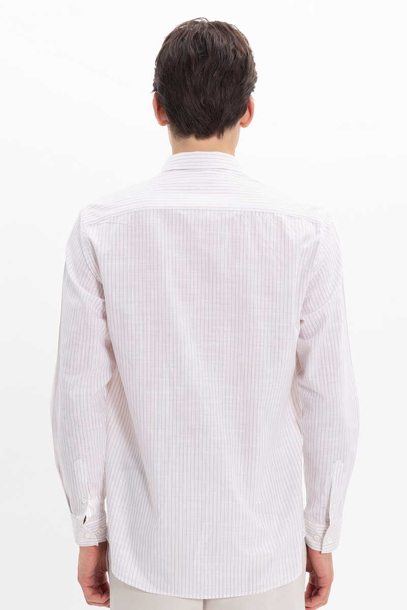 Fehér-Bézs Csíkos Classic Fit - Comfort Fit Lenvászon Pamut Férfi Ing 