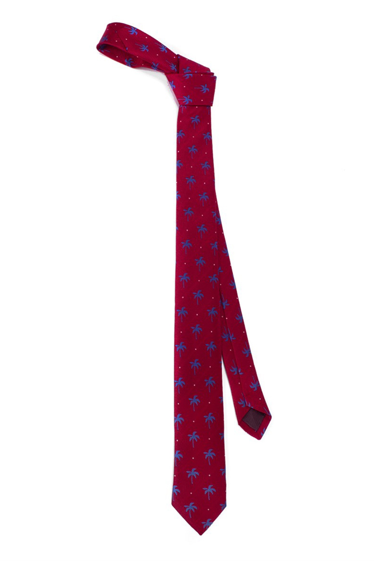 Piros színű kék pálmafa mintás vékony nyakkendő