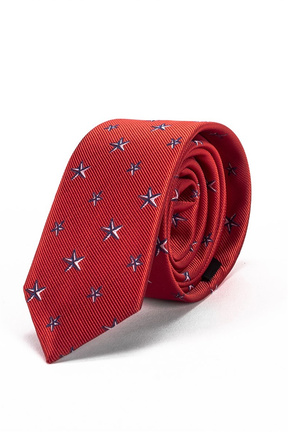Piros színű kék csillagmintás vékony nyakkendő