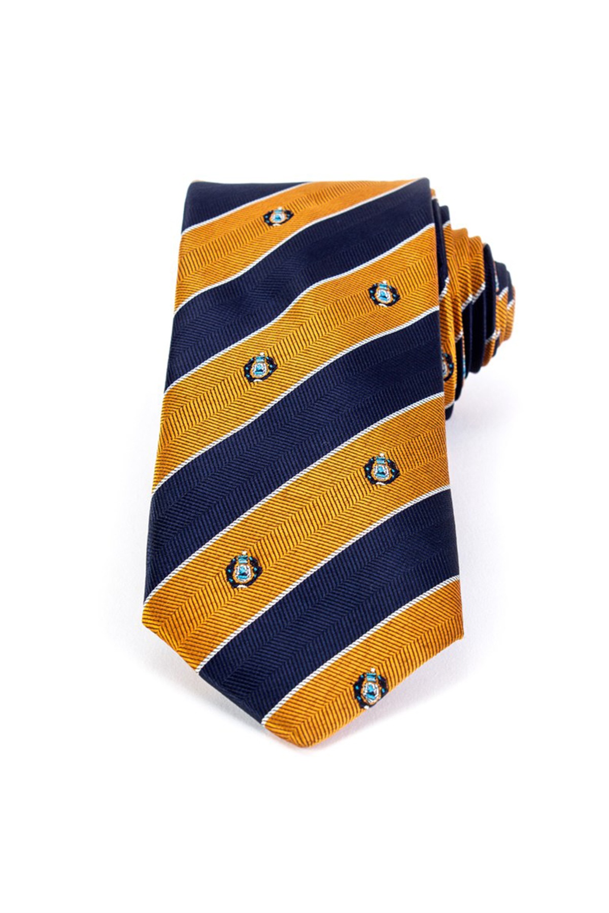 Kék-sárga csíkos klasszikus nyakkendő apró mintákkal