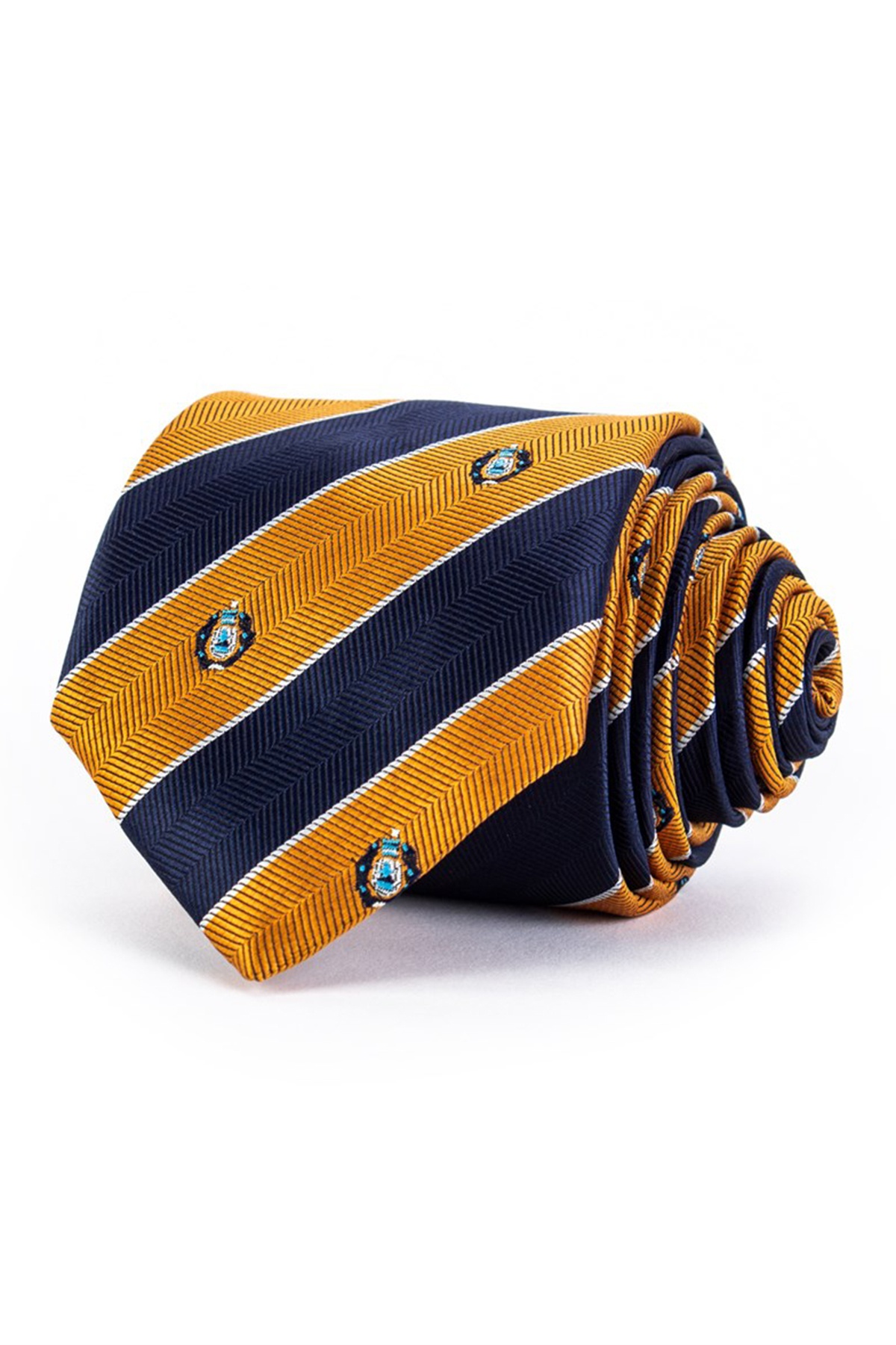 Kék-sárga csíkos klasszikus nyakkendő apró mintákkal
