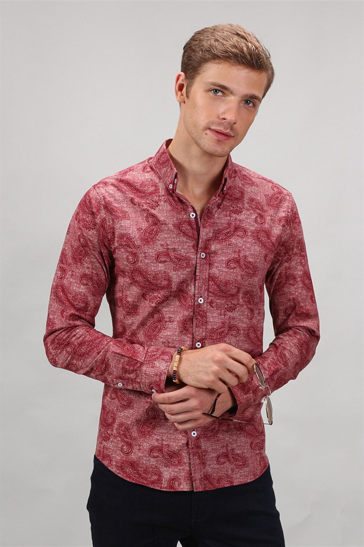 Bordó színű nyomott mintás super slim fit ing